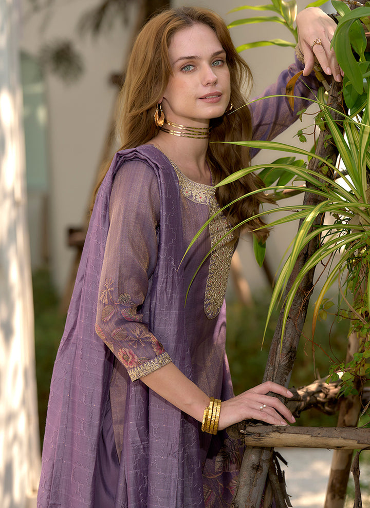 Purple Floral Printed Tissue Party Wear Kurta Set