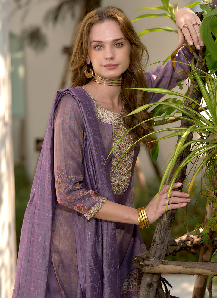 Purple Floral Printed Tissue Party Wear Kurta Set