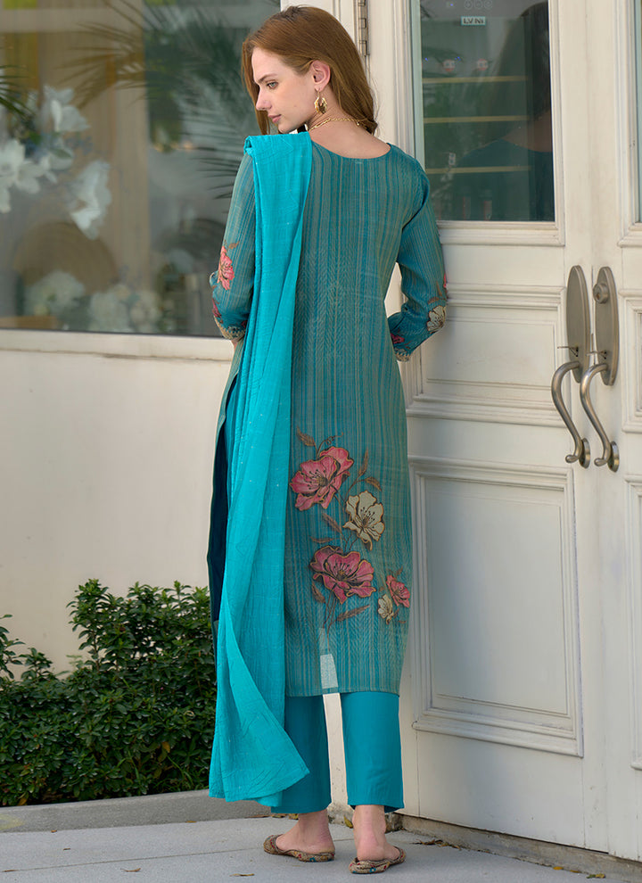 Aqua Blue Embroidered Tissue Party Wear Kurta Set