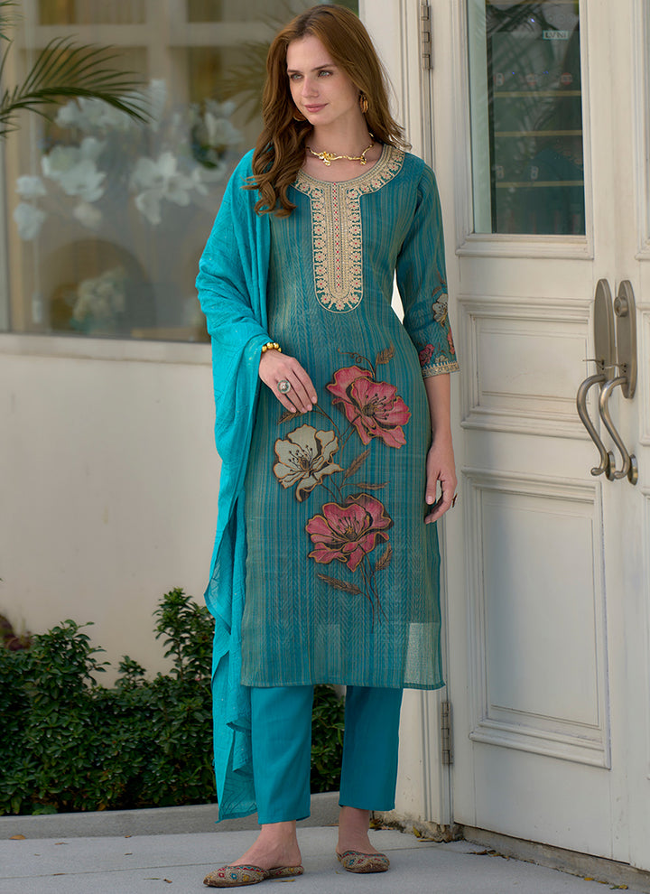 Aqua Blue Embroidered Tissue Party Wear Kurta Set
