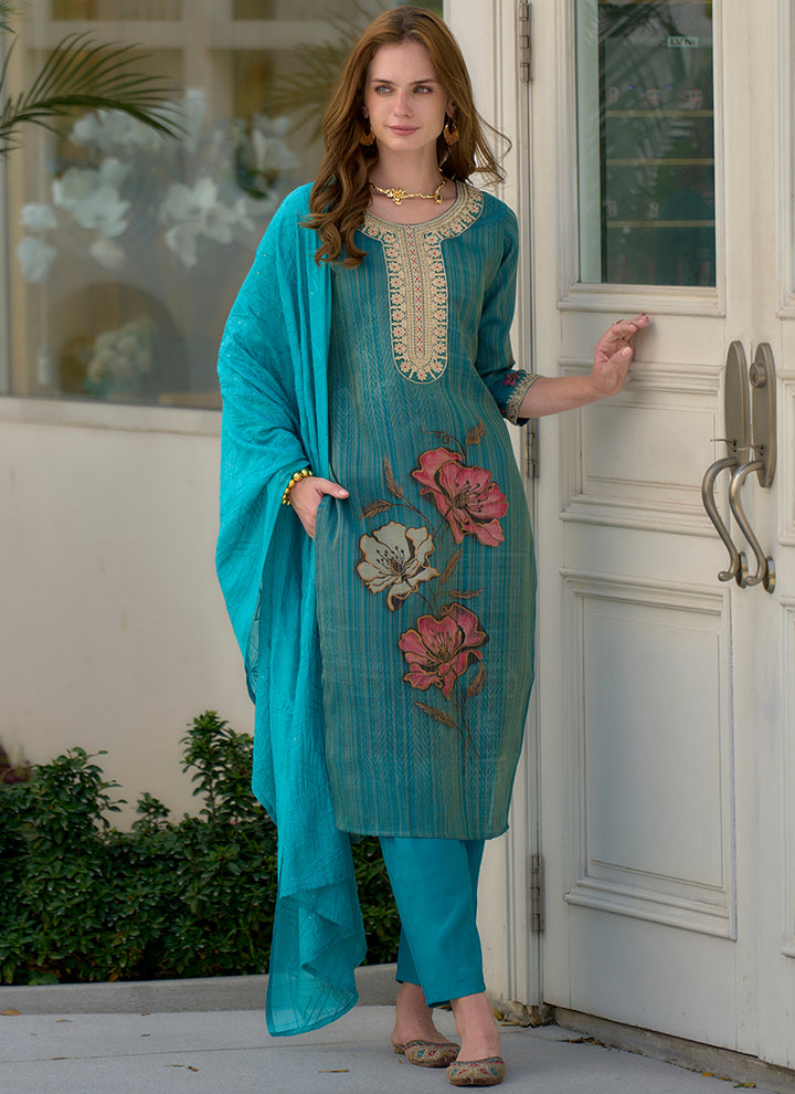 Aqua Blue Embroidered Tissue Party Wear Kurta Set