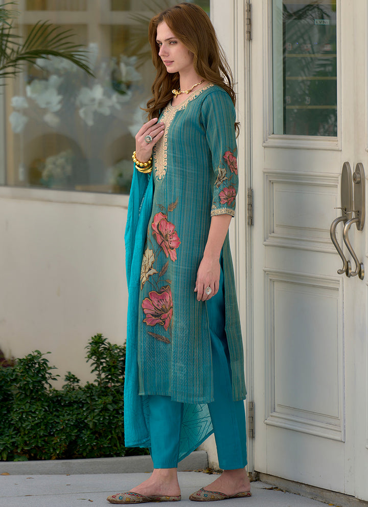 Aqua Blue Embroidered Tissue Party Wear Kurta Set