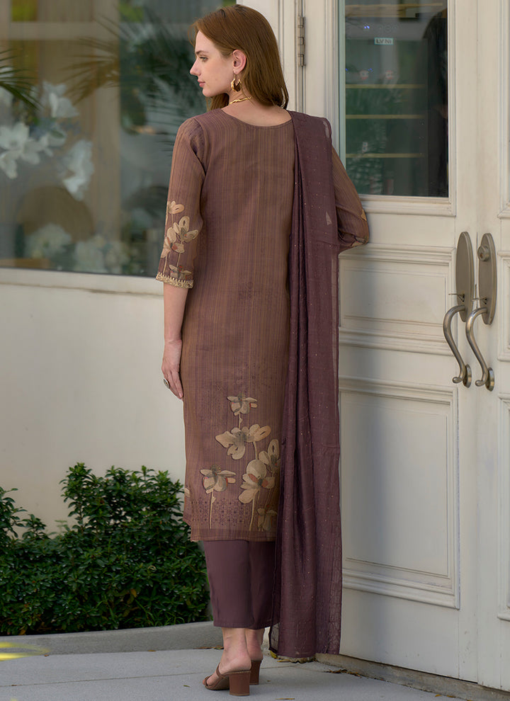 Brown Tissue Embroidered Straight Kurta Set With Dupatta