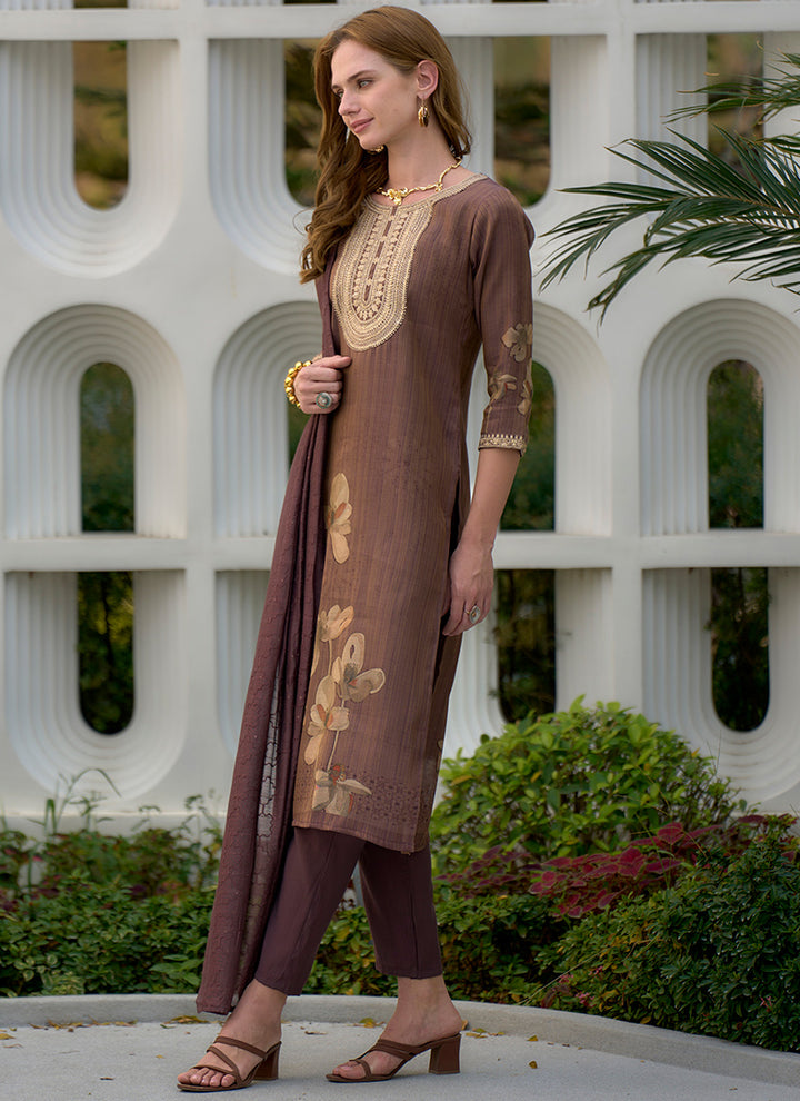 Brown Tissue Embroidered Straight Kurta Set With Dupatta
