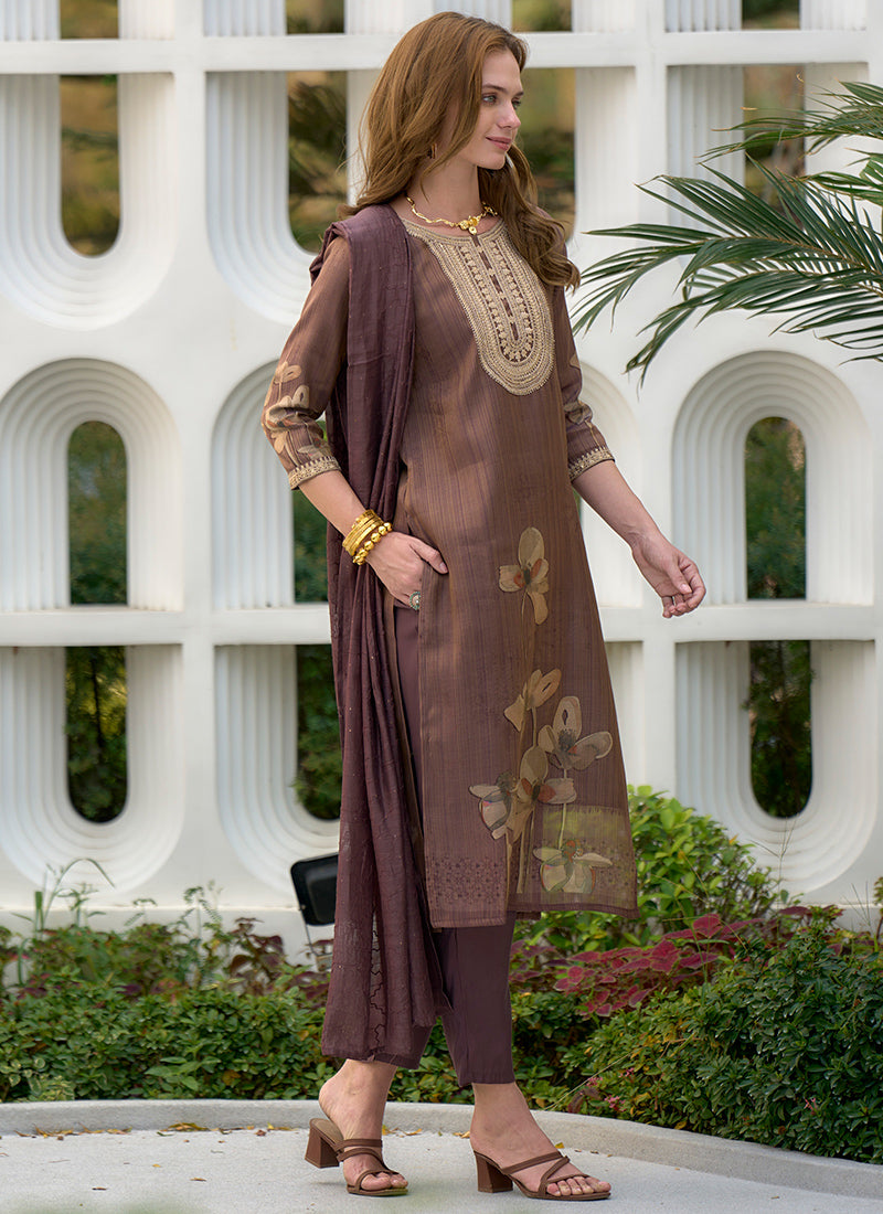 Brown Tissue Embroidered Straight Kurta Set With Dupatta