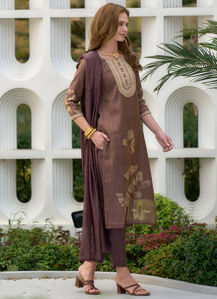 Brown Tissue Embroidered Straight Kurta Set With Dupatta
