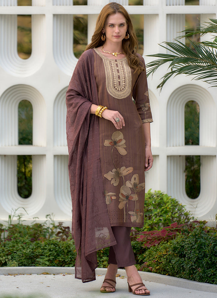 Brown Tissue Embroidered Straight Kurta Set With Dupatta