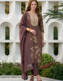 Brown Tissue Embroidered Straight Kurta Set With Dupatta