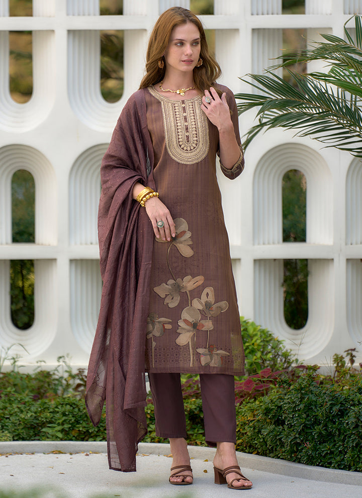 Brown Tissue Embroidered Straight Kurta Set With Dupatta