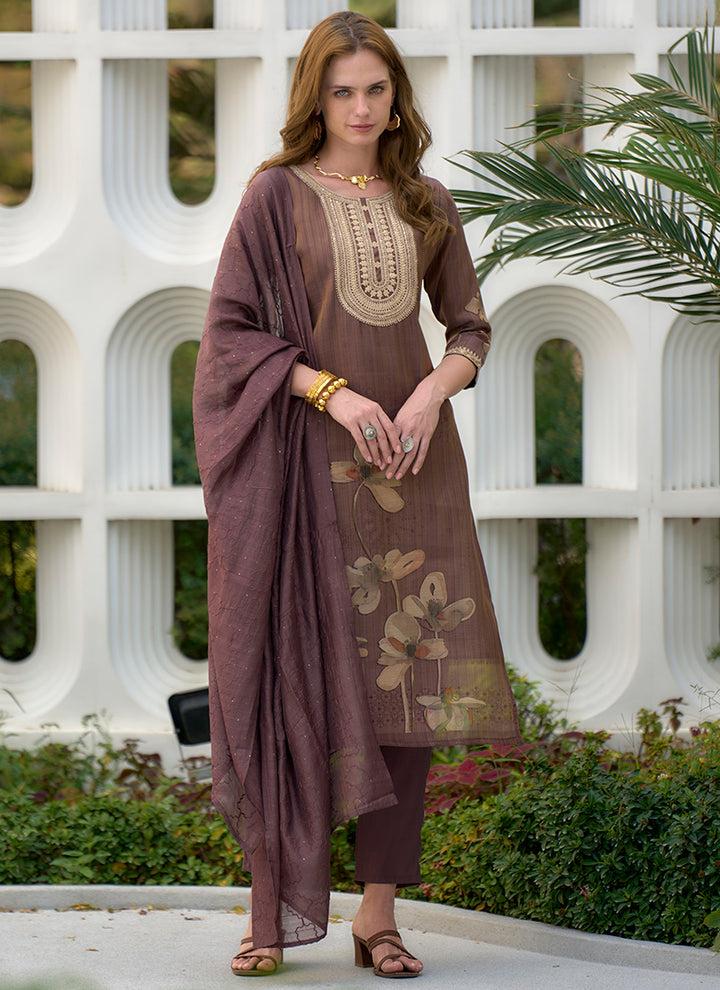 Brown Tissue Embroidered Straight Kurta Set With Dupatta