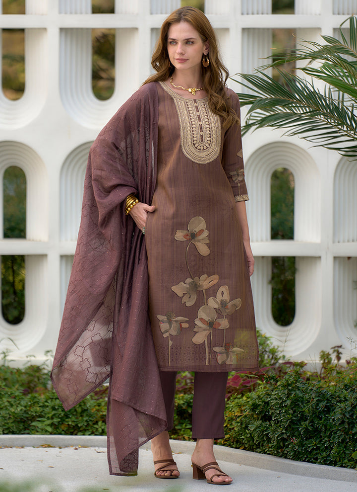 Brown Tissue Embroidered Straight Kurta Set With Dupatta