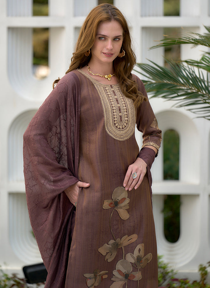 Brown Tissue Embroidered Straight Kurta Set With Dupatta