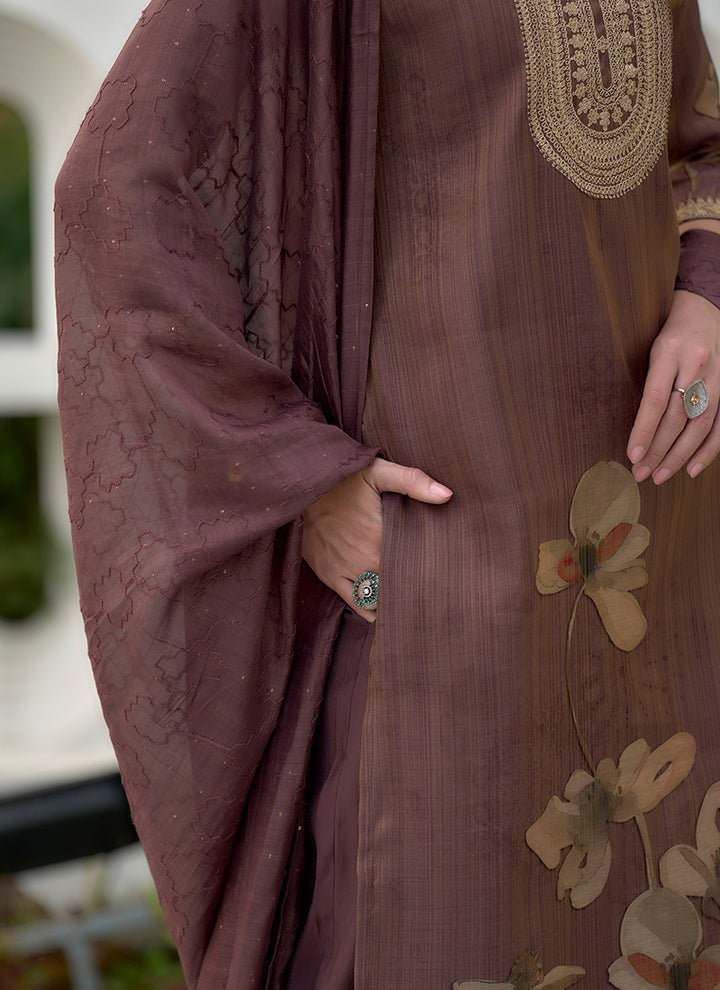 Brown Tissue Embroidered Straight Kurta Set With Dupatta
