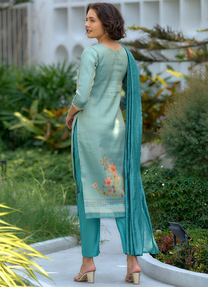 Sea Green Floral Printed Tissue Straight Kurta Set
