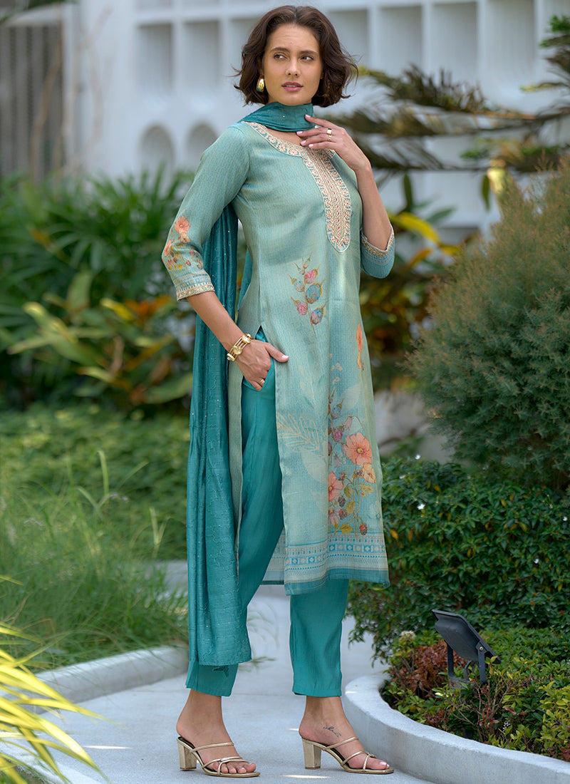 Sea Green Floral Printed Tissue Straight Kurta Set