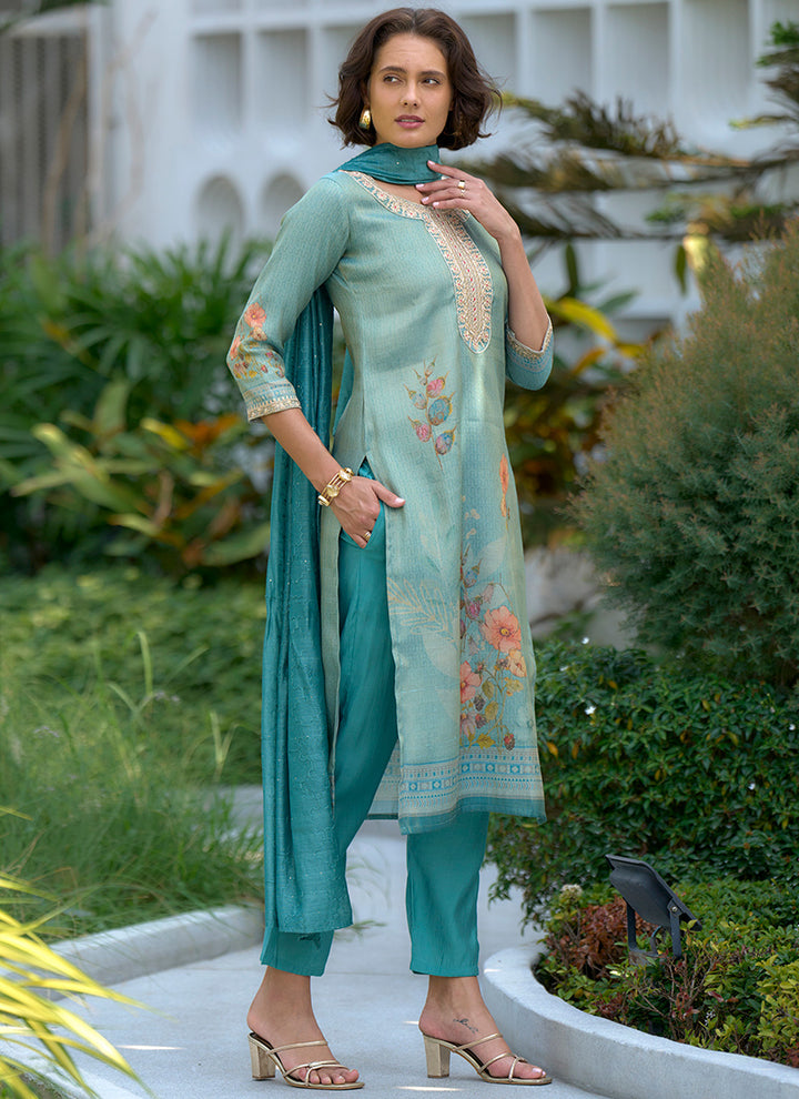 Sea Green Floral Printed Tissue Straight Kurta Set