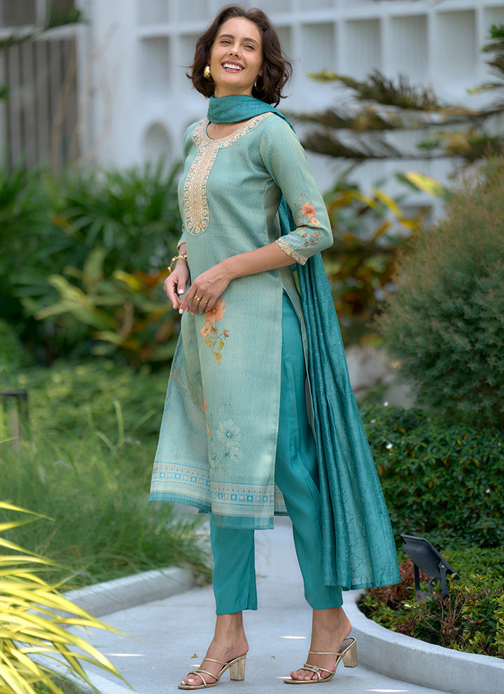 Sea Green Floral Printed Tissue Straight Kurta Set