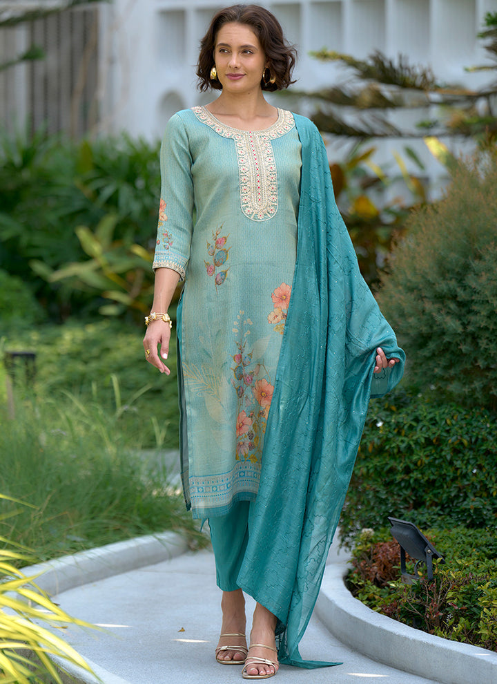 Sea Green Floral Printed Tissue Straight Kurta Set
