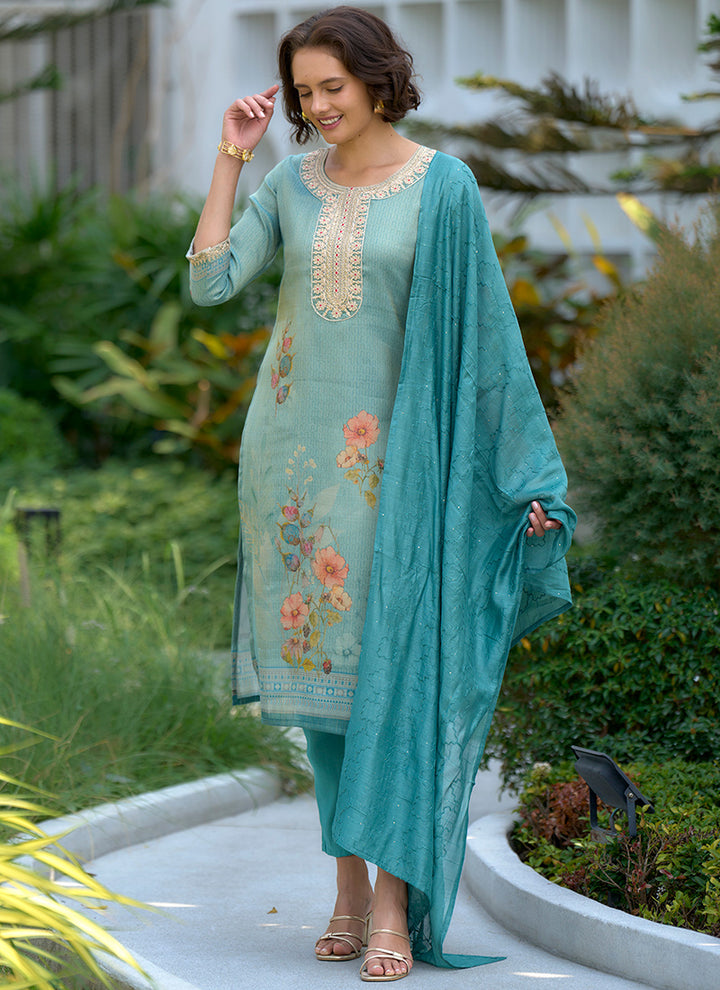 Sea Green Floral Printed Tissue Straight Kurta Set