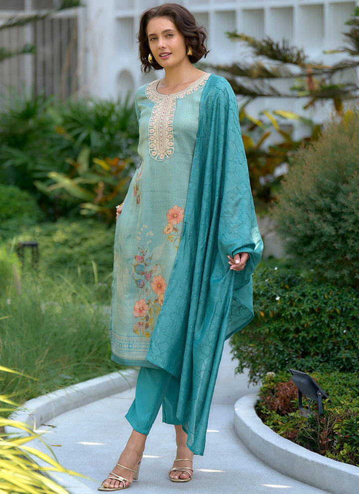 Sea Green Floral Printed Tissue Straight Kurta Set