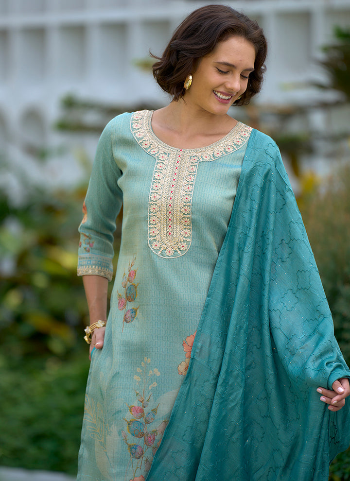 Sea Green Floral Printed Tissue Straight Kurta Set