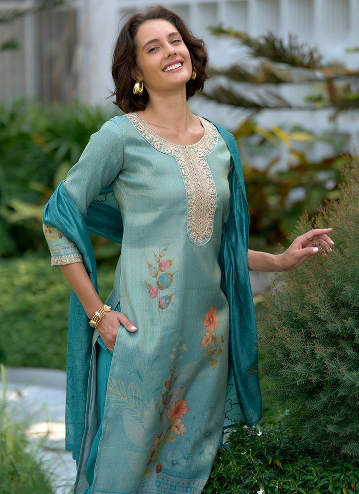 Sea Green Floral Printed Tissue Straight Kurta Set