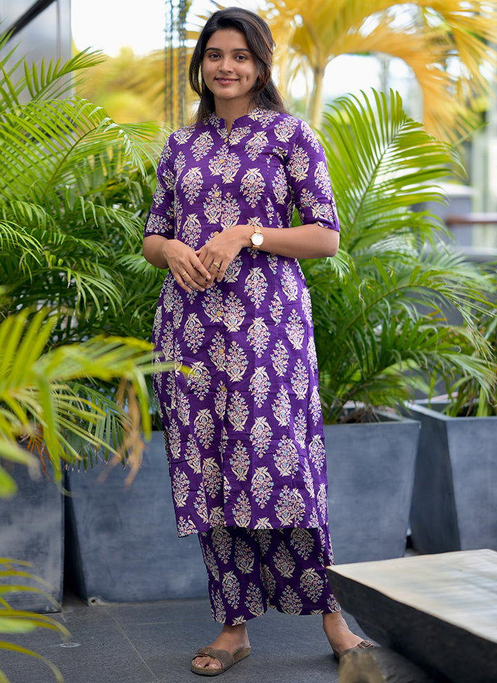 Purple Cotton Printed Casual Wear Cord Set