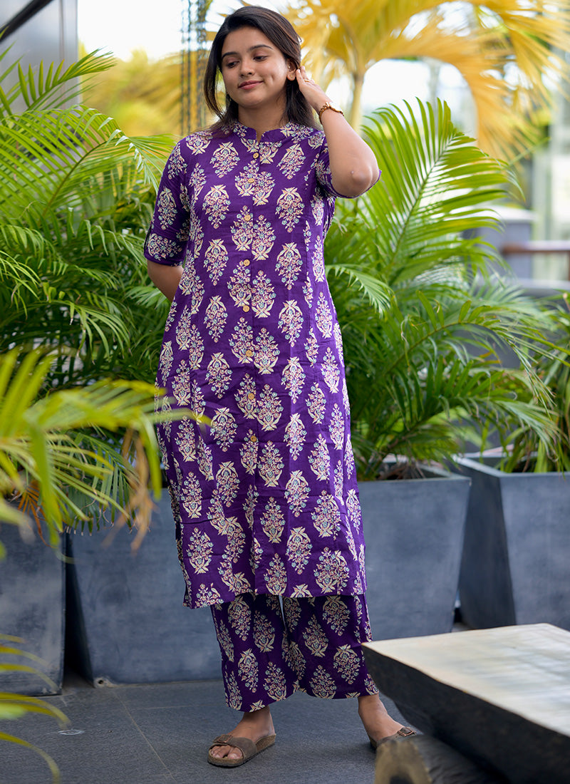 Purple Cotton Printed Casual Wear Cord Set
