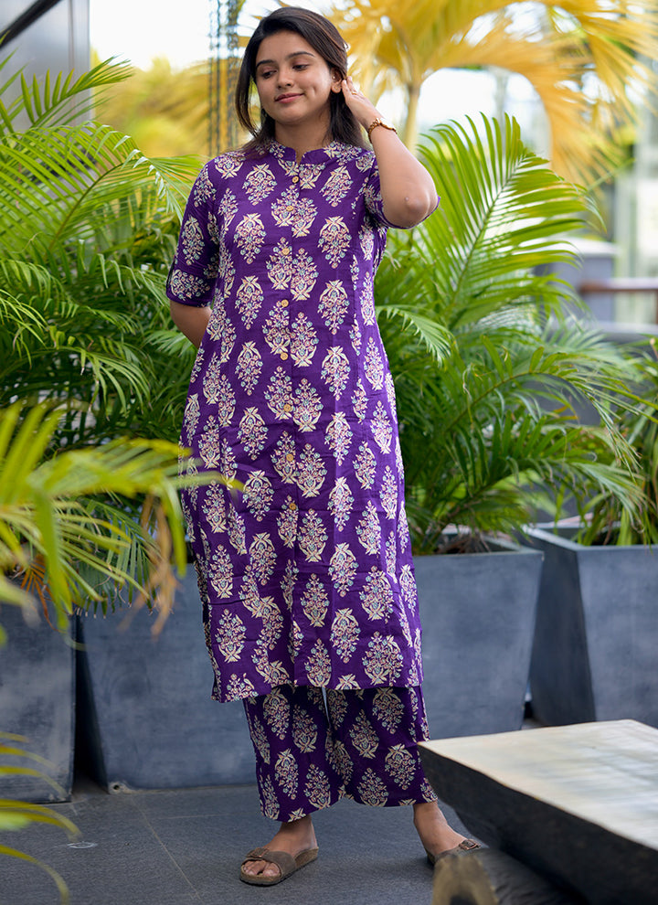 Purple Cotton Printed Casual Wear Cord Set