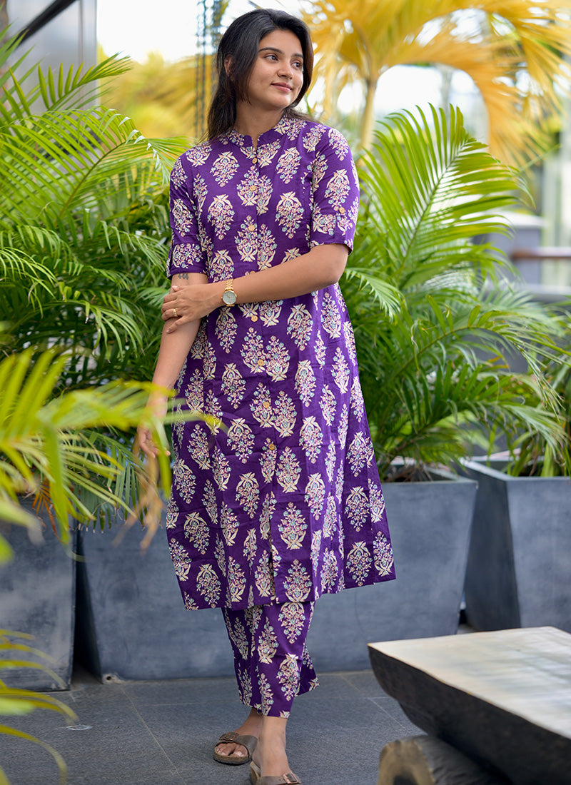 Purple Cotton Printed Casual Wear Cord Set