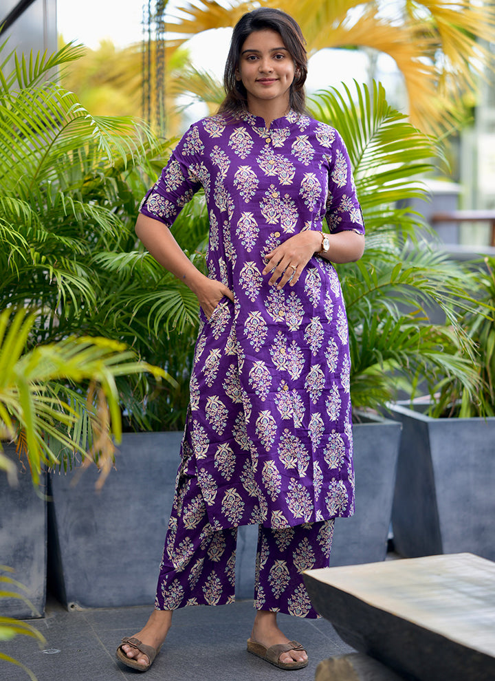 Purple Cotton Printed Casual Wear Cord Set