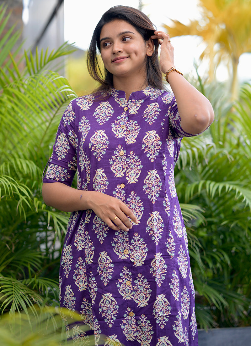 Purple Cotton Printed Casual Wear Cord Set