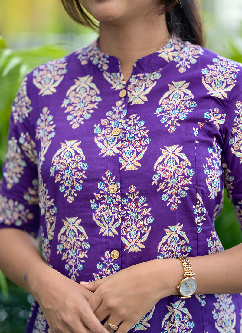 Purple Cotton Printed Casual Wear Cord Set