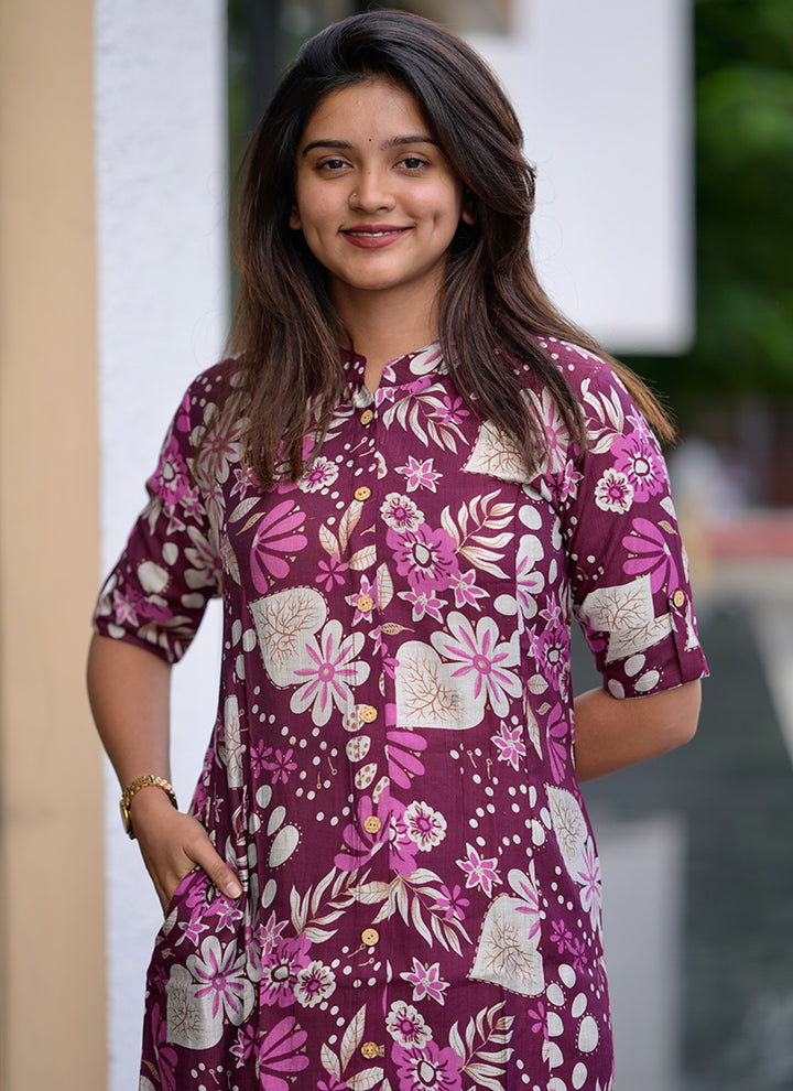 Wine Cotton Printed Casual Wear Cord Set