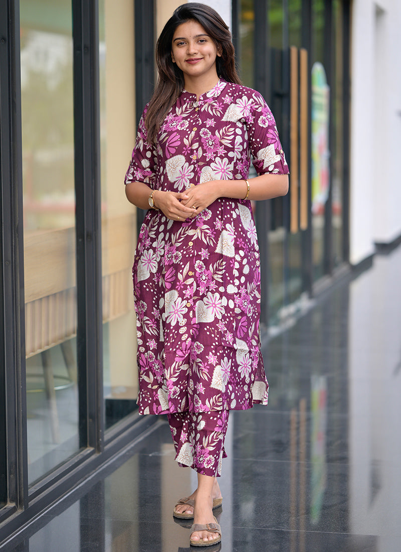 Wine Cotton Printed Casual Wear Cord Set