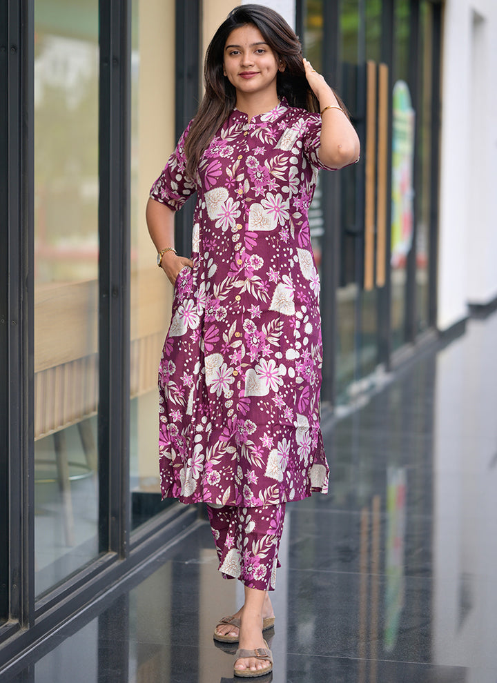 Wine Cotton Printed Casual Wear Cord Set