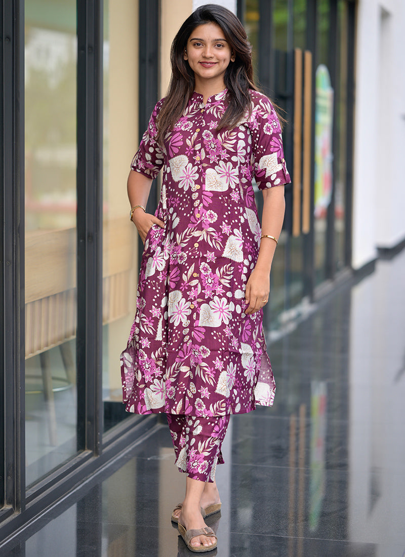 Wine Cotton Printed Casual Wear Cord Set
