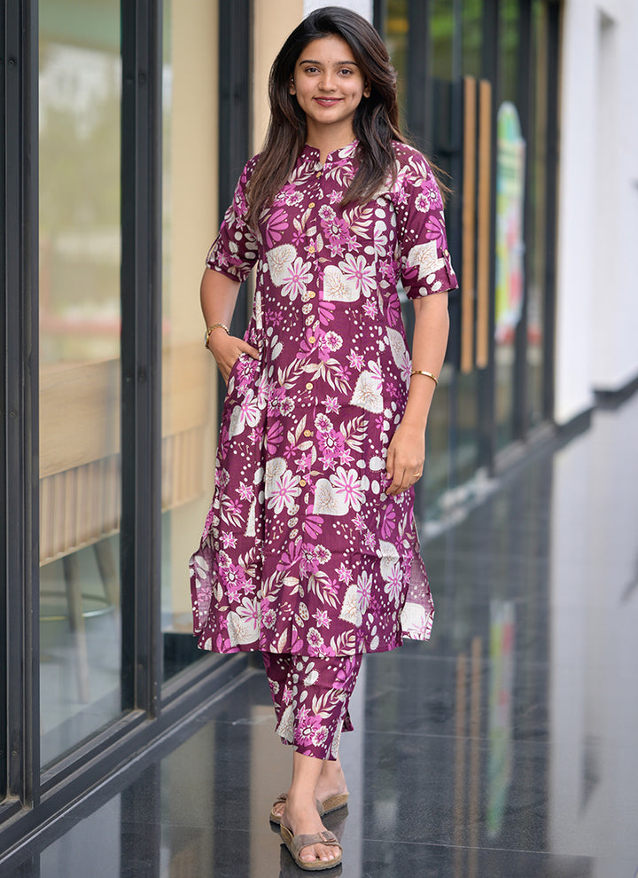 Wine Cotton Printed Casual Wear Cord Set