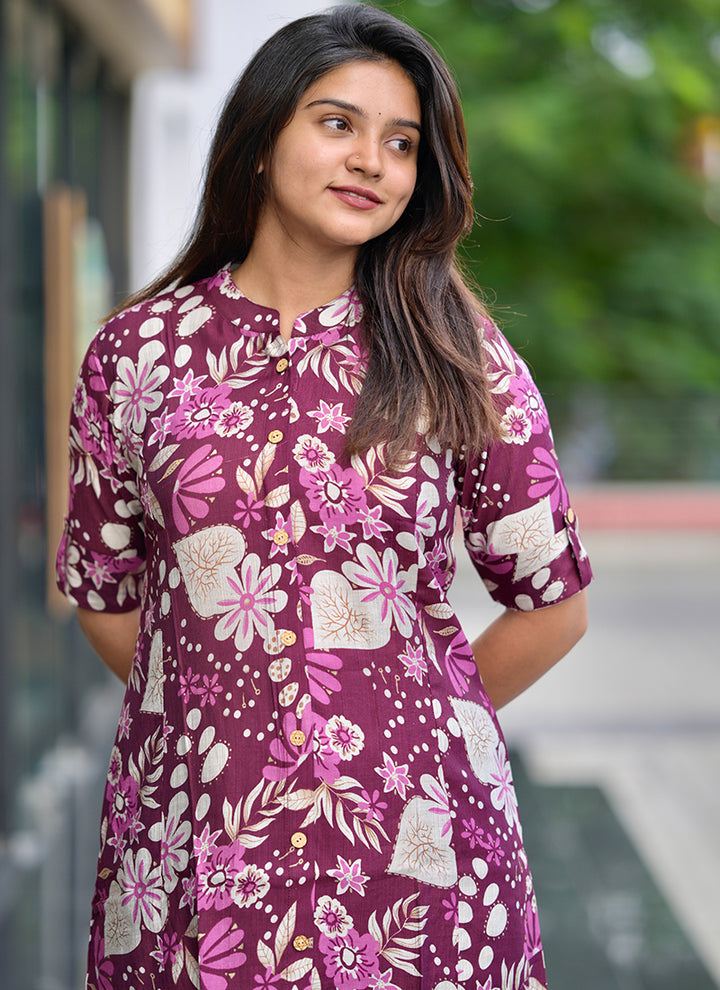 Wine Cotton Printed Casual Wear Cord Set