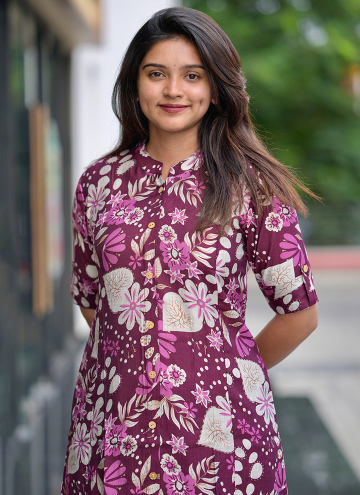 Wine Cotton Printed Casual Wear Cord Set