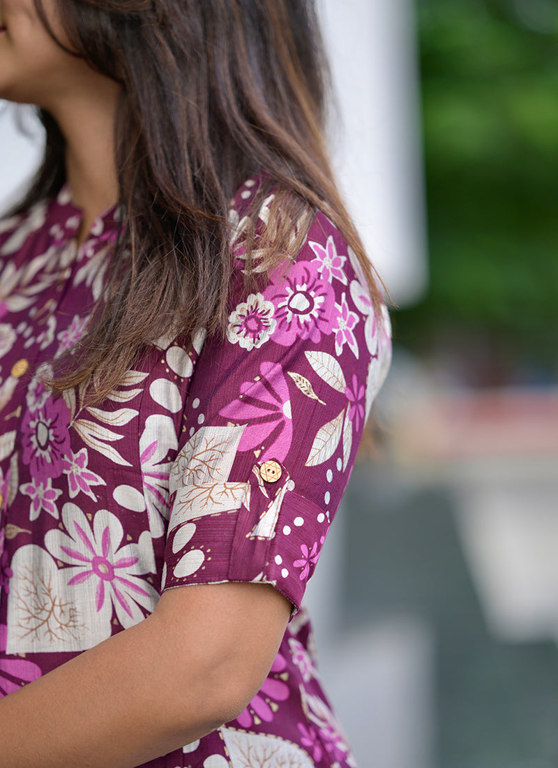 Wine Cotton Printed Casual Wear Cord Set