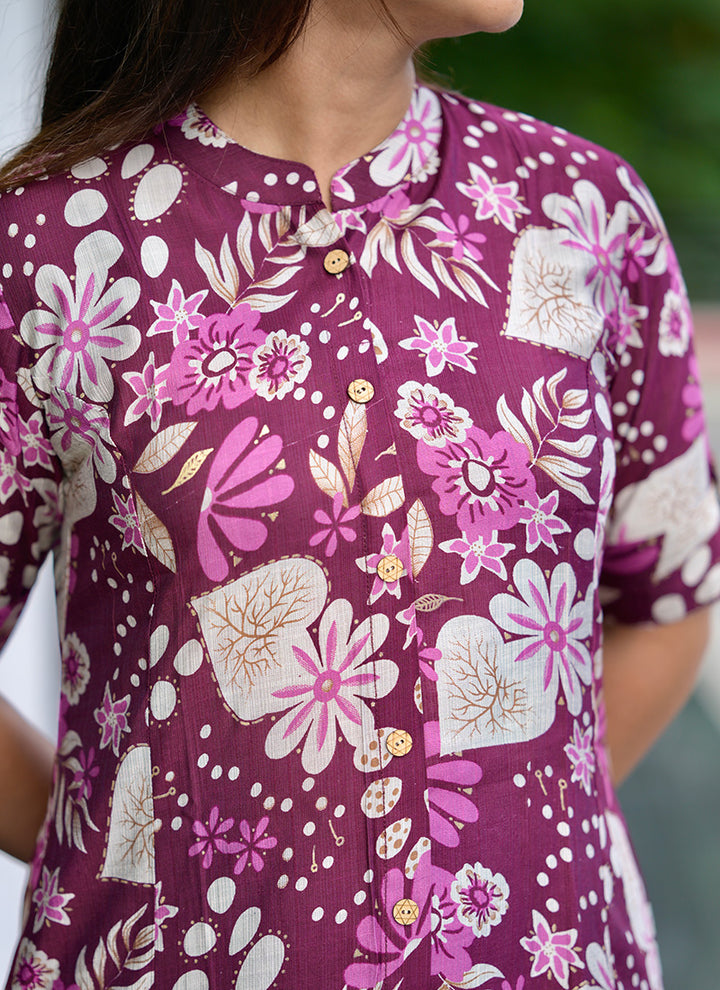 Wine Cotton Printed Casual Wear Cord Set