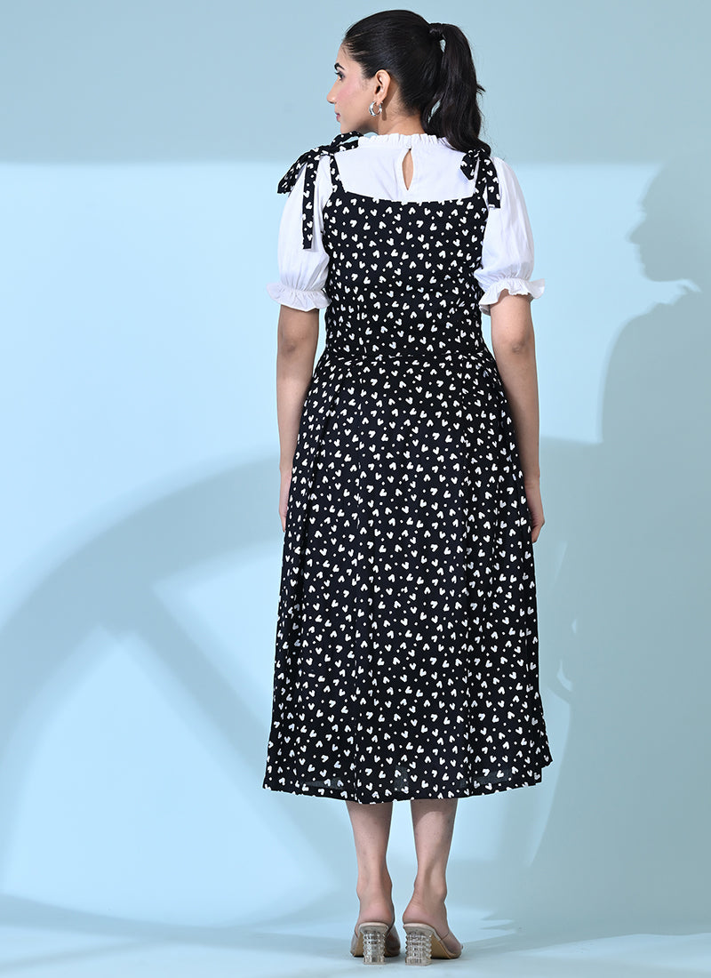 Black Rayon Heart Printed Casual Dungaree Dress