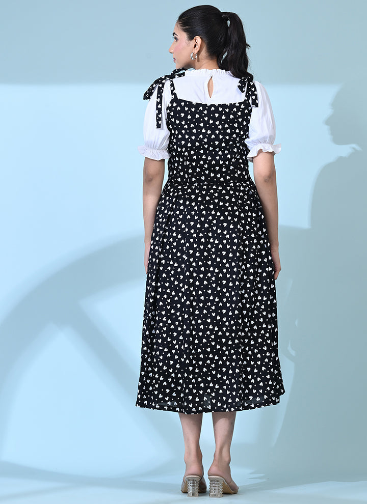Black Rayon Heart Printed Casual Dungaree Dress