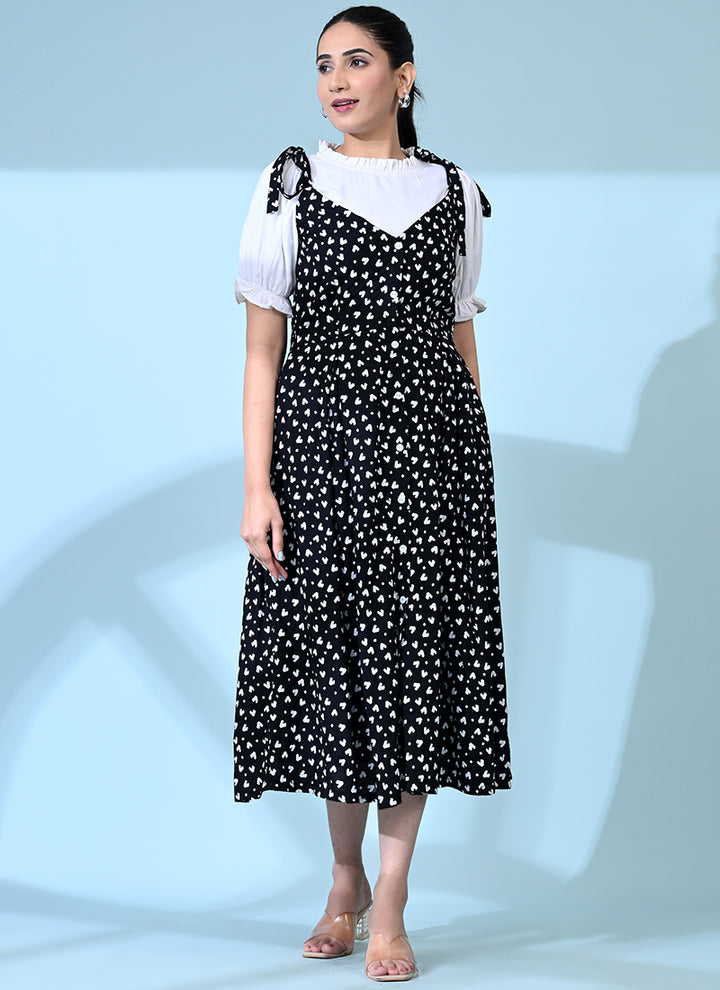 Black Rayon Heart Printed Casual Dungaree Dress
