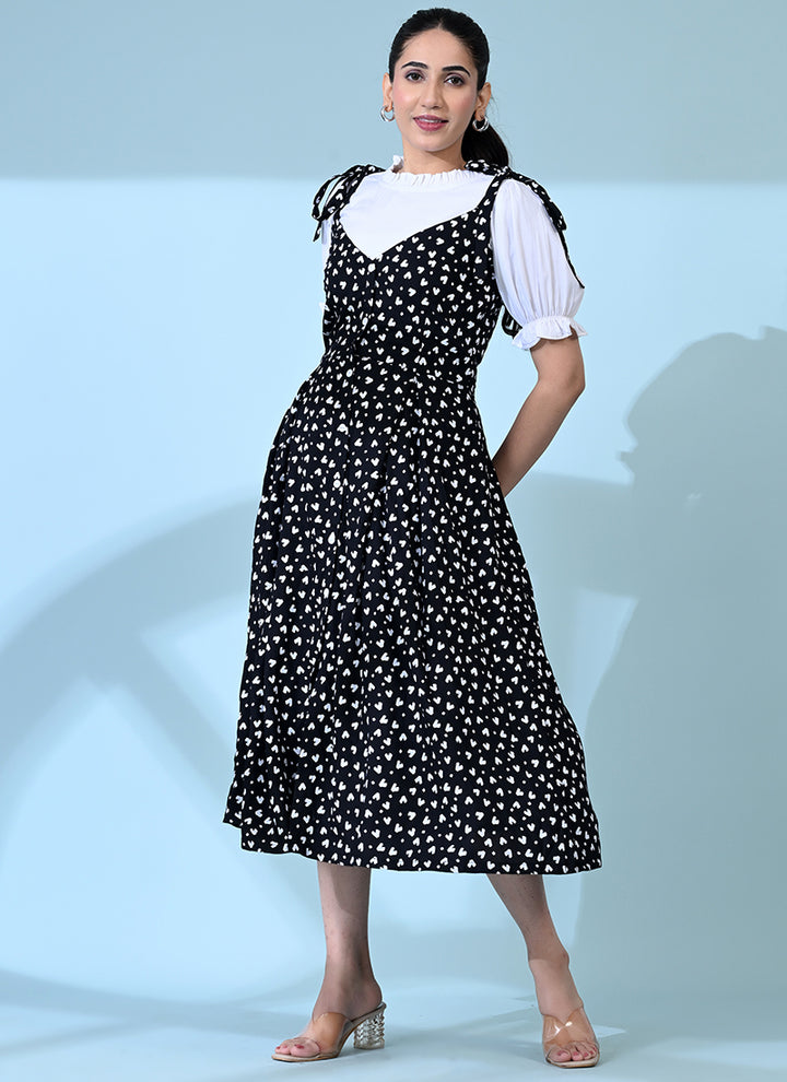 Black Rayon Heart Printed Casual Dungaree Dress