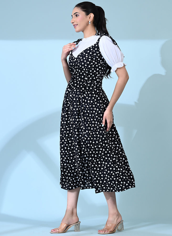 Black Rayon Heart Printed Casual Dungaree Dress