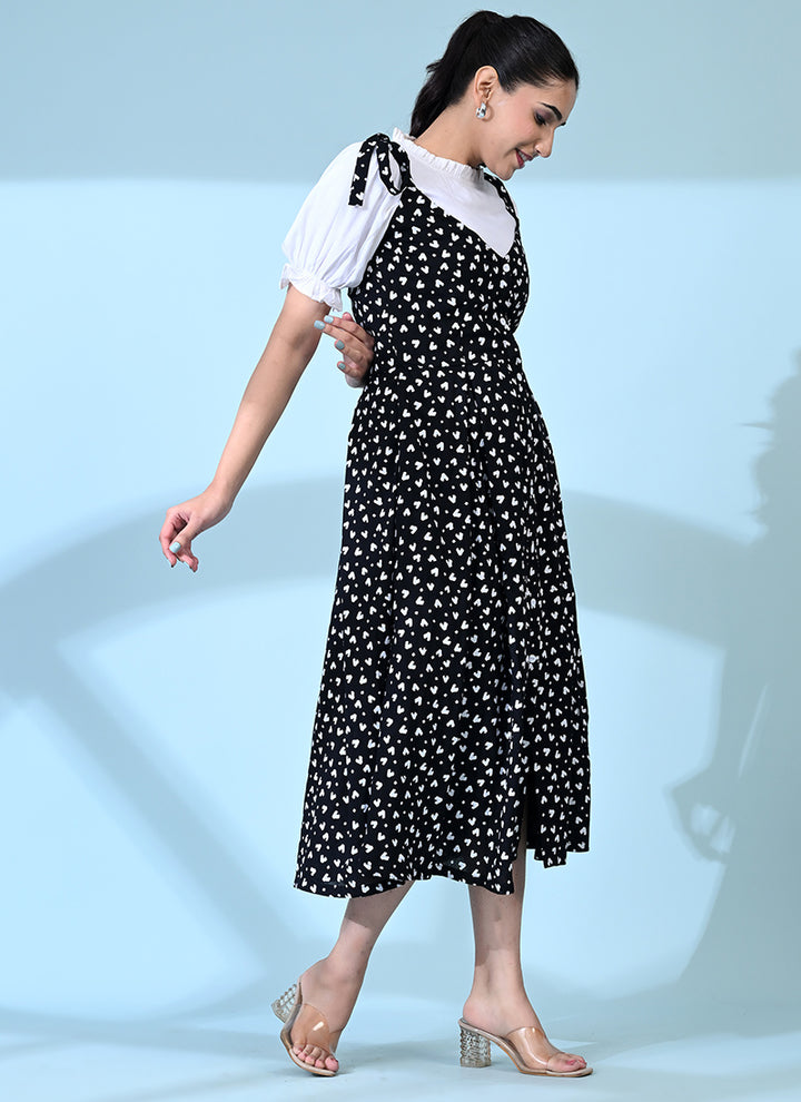 Black Rayon Heart Printed Casual Dungaree Dress