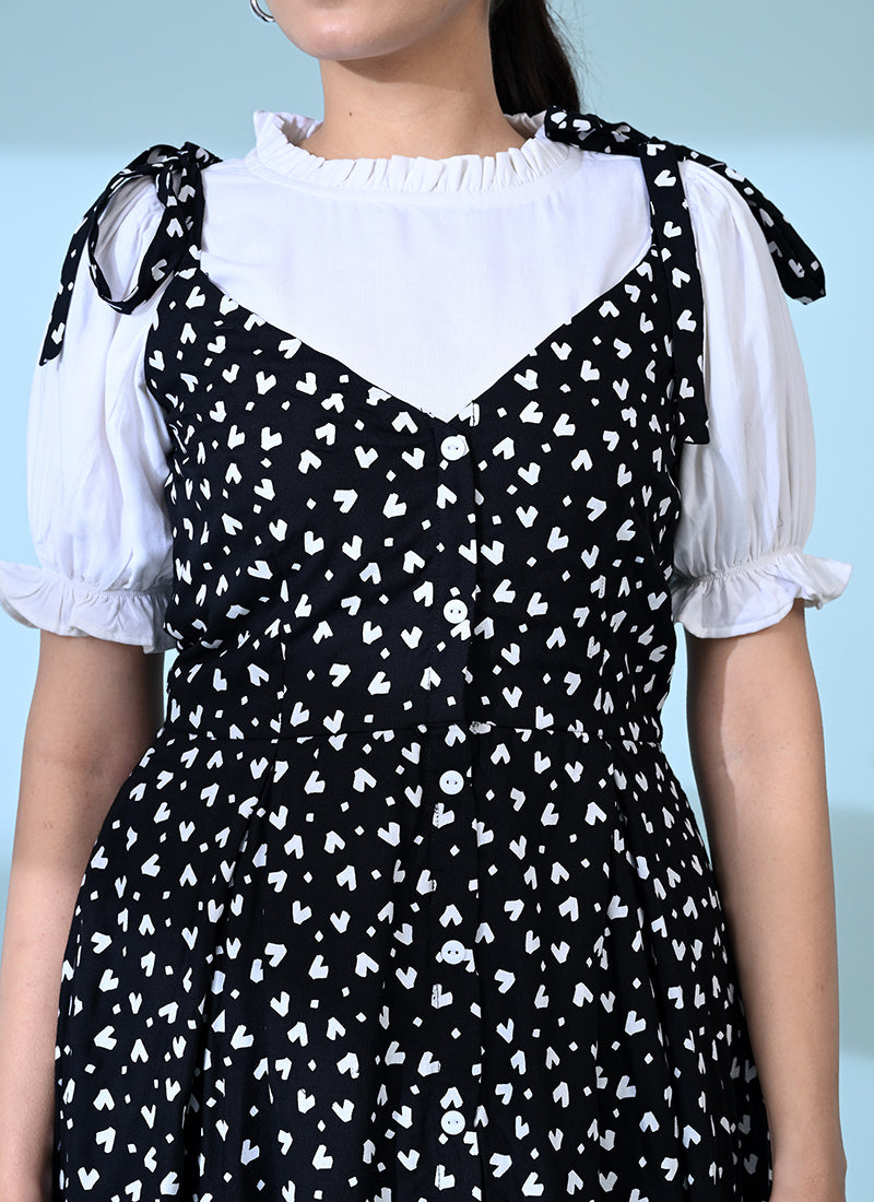 Black Rayon Heart Printed Casual Dungaree Dress