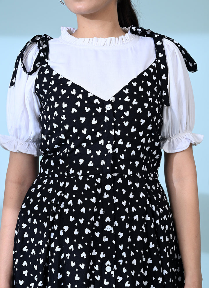 Black Rayon Heart Printed Casual Dungaree Dress